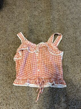 American Eagle Outfitters Pink Gingham Ruffle Crop Top